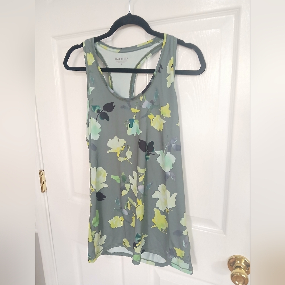 Athleta Shanti Printed Floral Racerback Tank Top with Olive & Mint Accents Gym